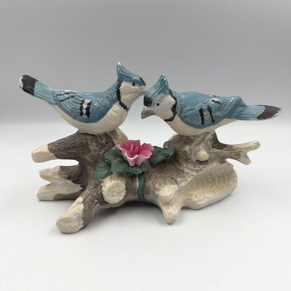Vintage Bisque Porcelain Blue Jays Bird Figurine on Driftwood with Pink Flower